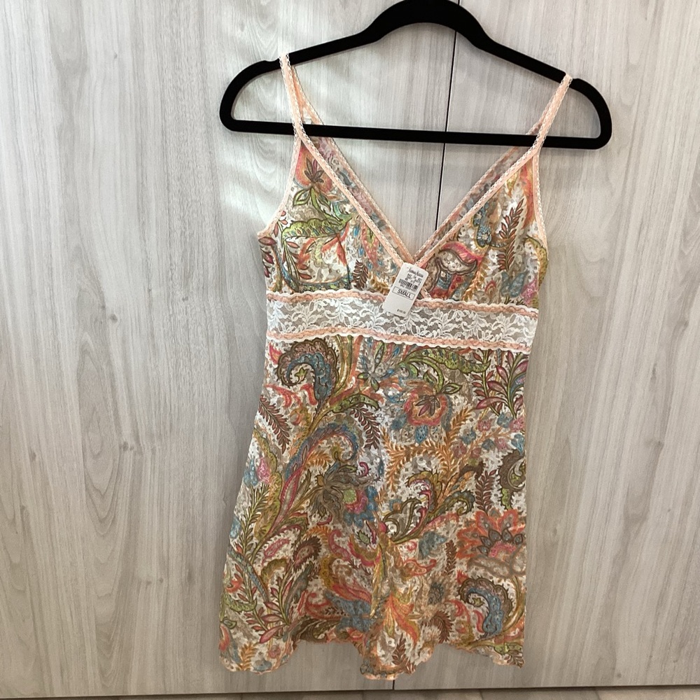 Hanky Panky NWT Cream, Orange & Blue Paisley Lace Slip Dress Lingerie - S